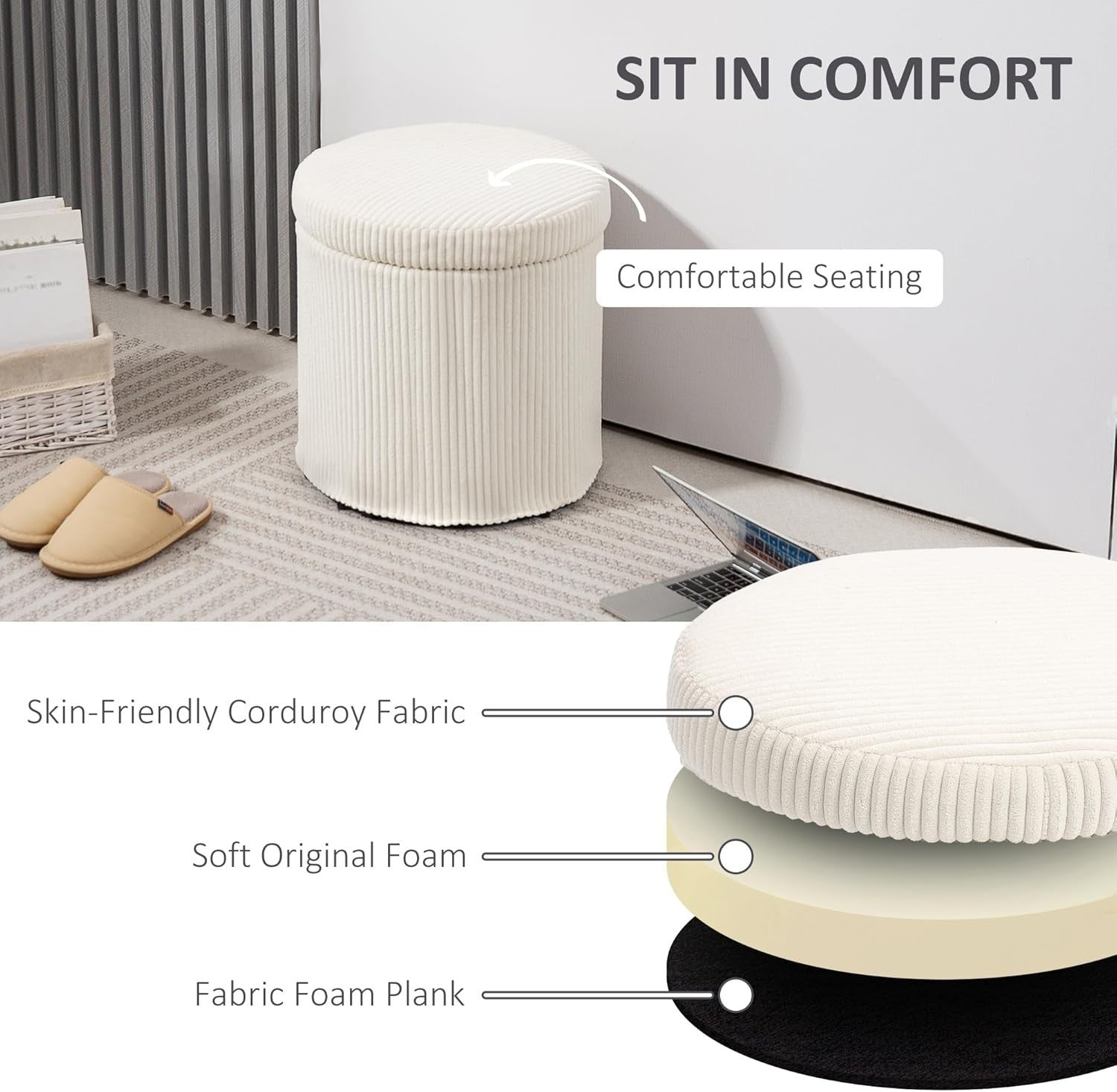 Beige Corduroy Storage Ottoman Round Footstool 40cm Padded Seat with Legs