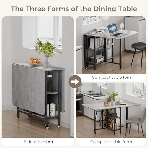 Grey Drop Leaf Folding Dining Table with Storage Shelves 140cm