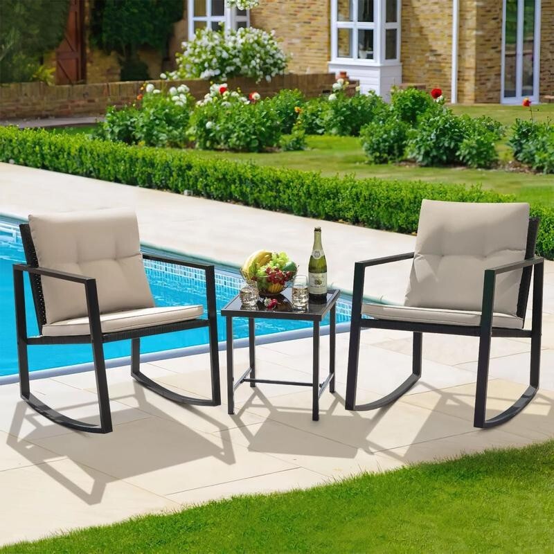 3PC Rattan Rocking Bistro Set w/ Cushions & Glass Table Garden Balcony
