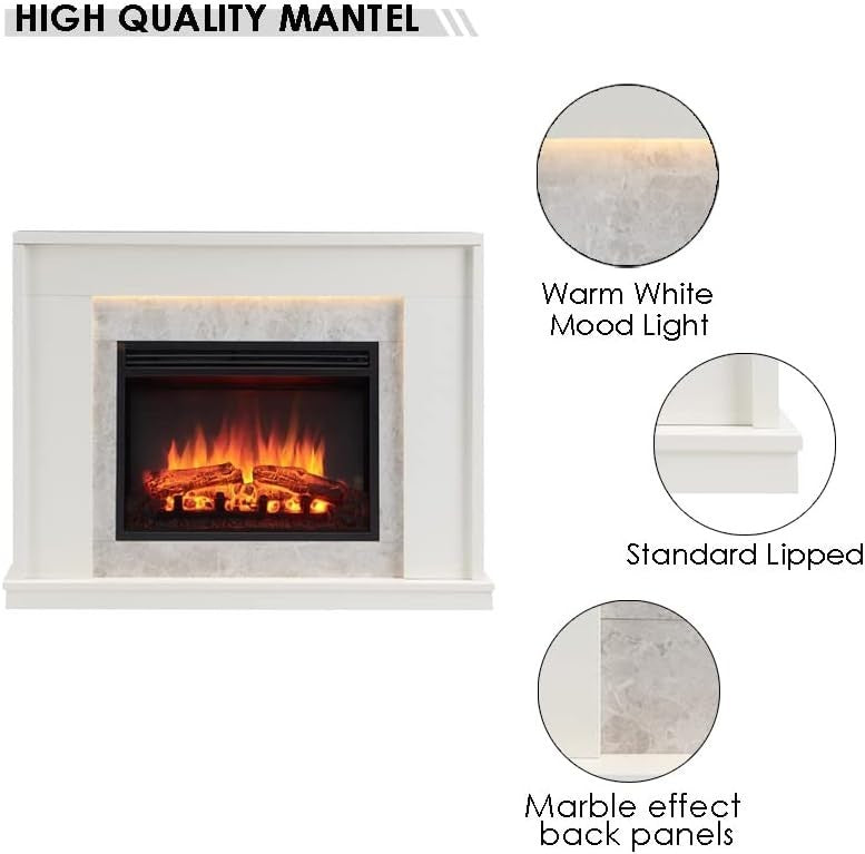 White Electric Fireplace Suite 2kW LED Heater Modern Wall Mounted 43"