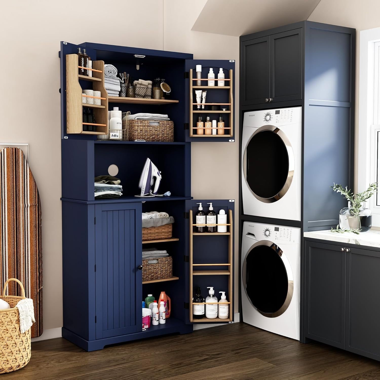 Blue Tall Kitchen Cabinet Pantry Cupboard 2 Doors Shelves 183cm