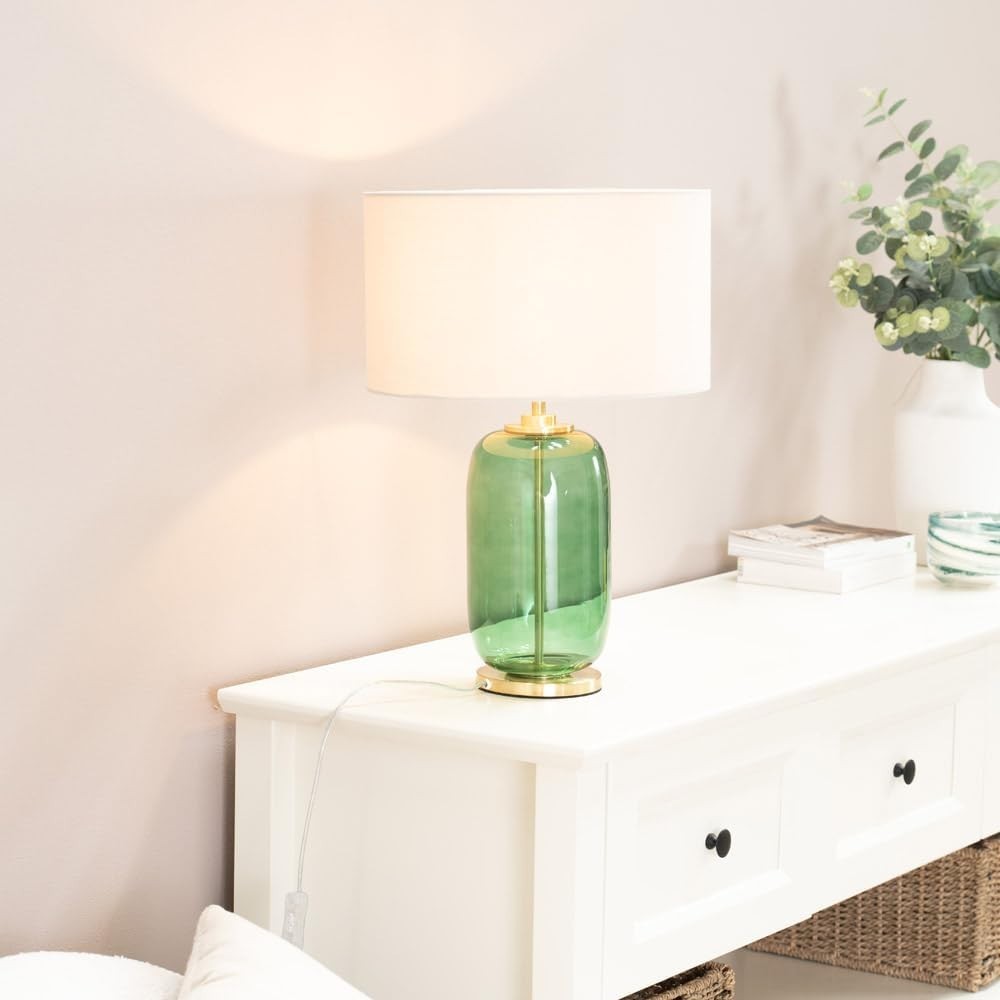 Forest Green Glass Table Lamp Gold Detail Natural Drum Shade LED Light