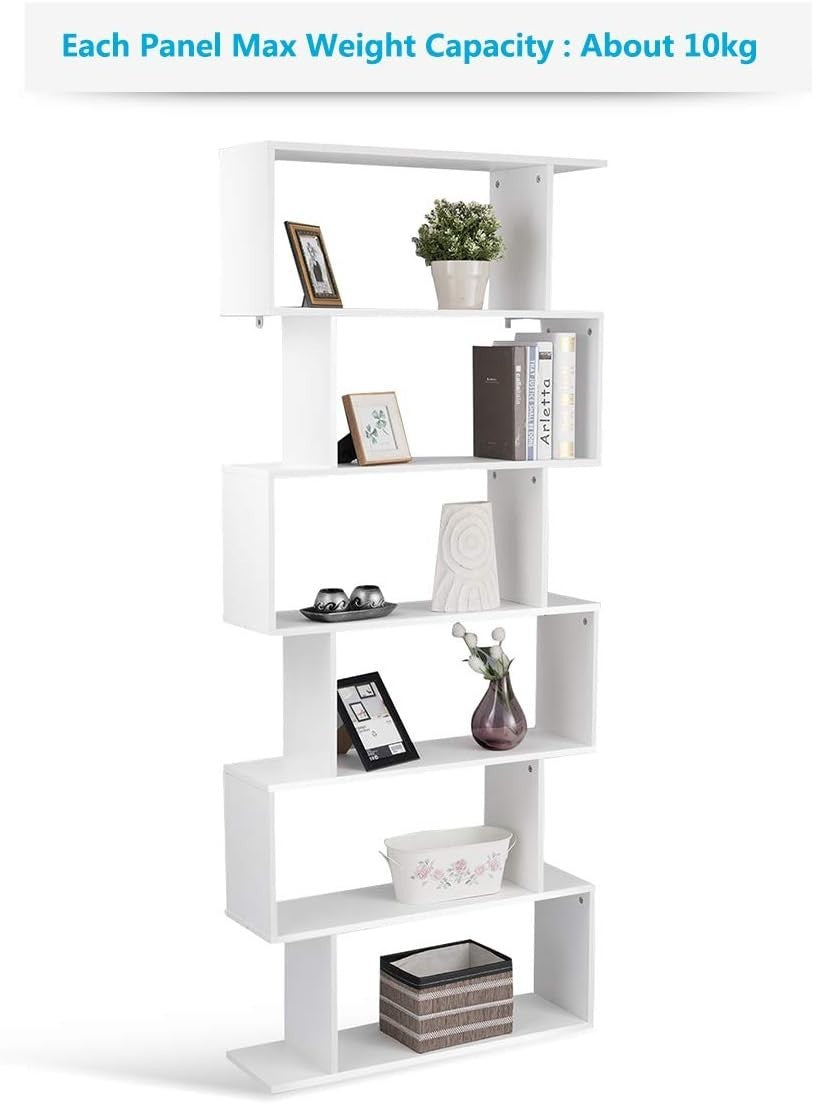 S Shaped 6 Tier Wooden Bookcase Freestanding Display Storage Shelf White