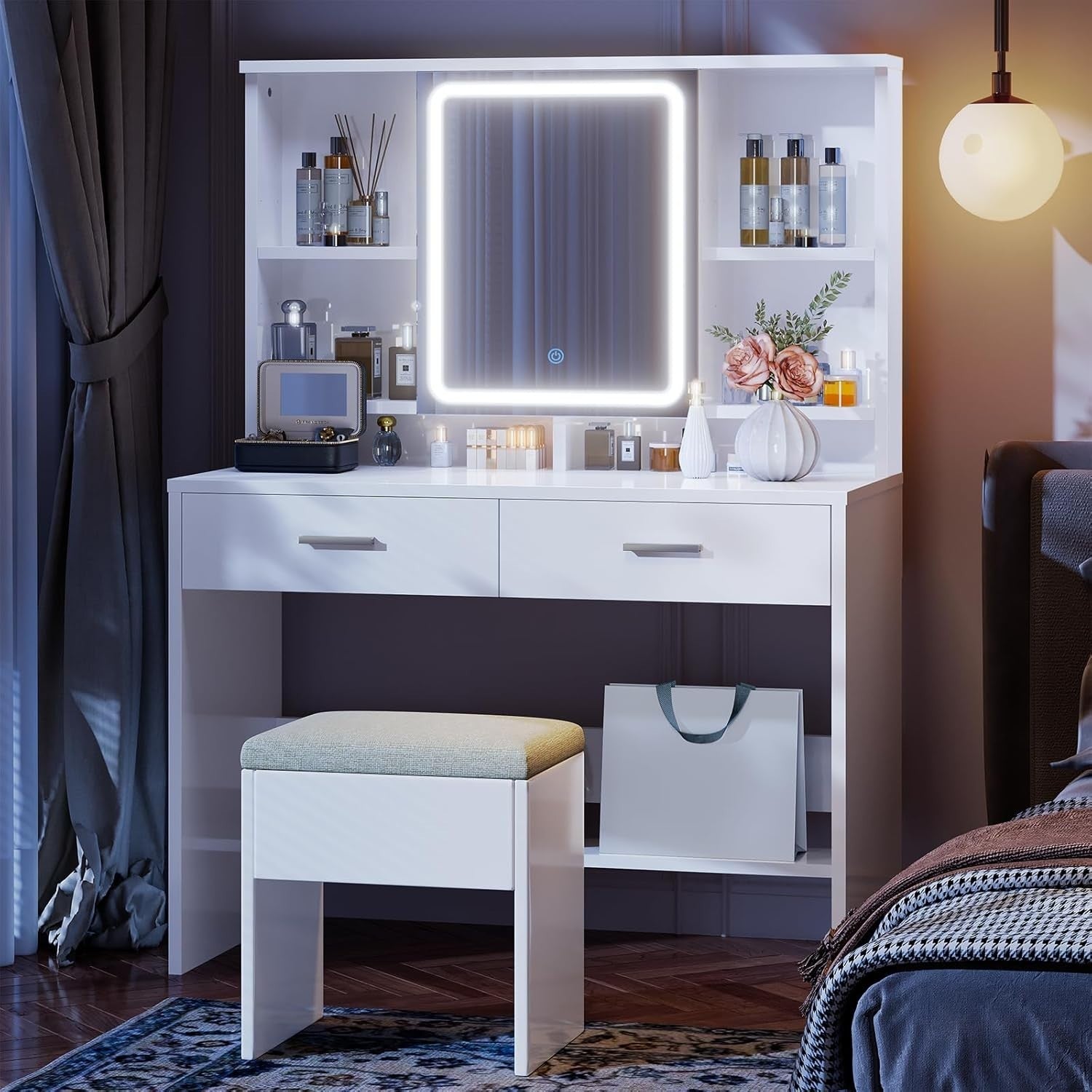 White Vanity Dressing Table with LED Mirror 3-Colour Lights Storage Drawers