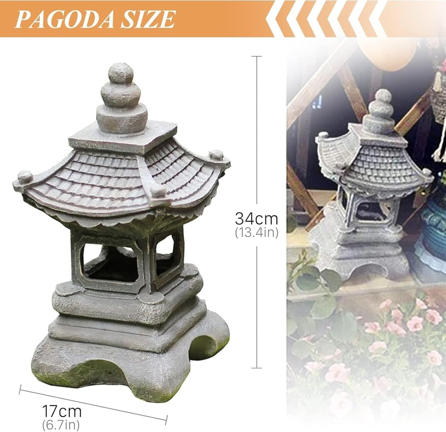 Solar Garden Pagoda Lantern – Japanese Stone LED Statue (34×17 cm)