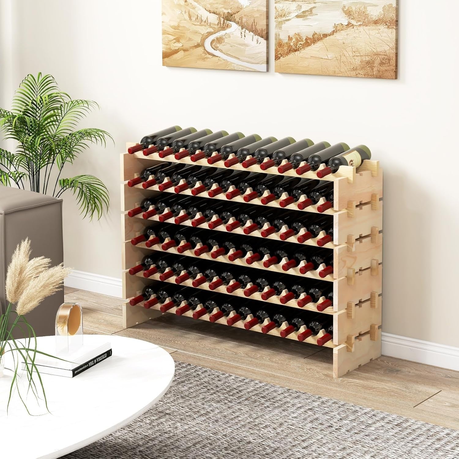 Large 60 Bottle Wooden Wine Rack 6 Tier Stackable Storage Shelf Home Bar Cellar