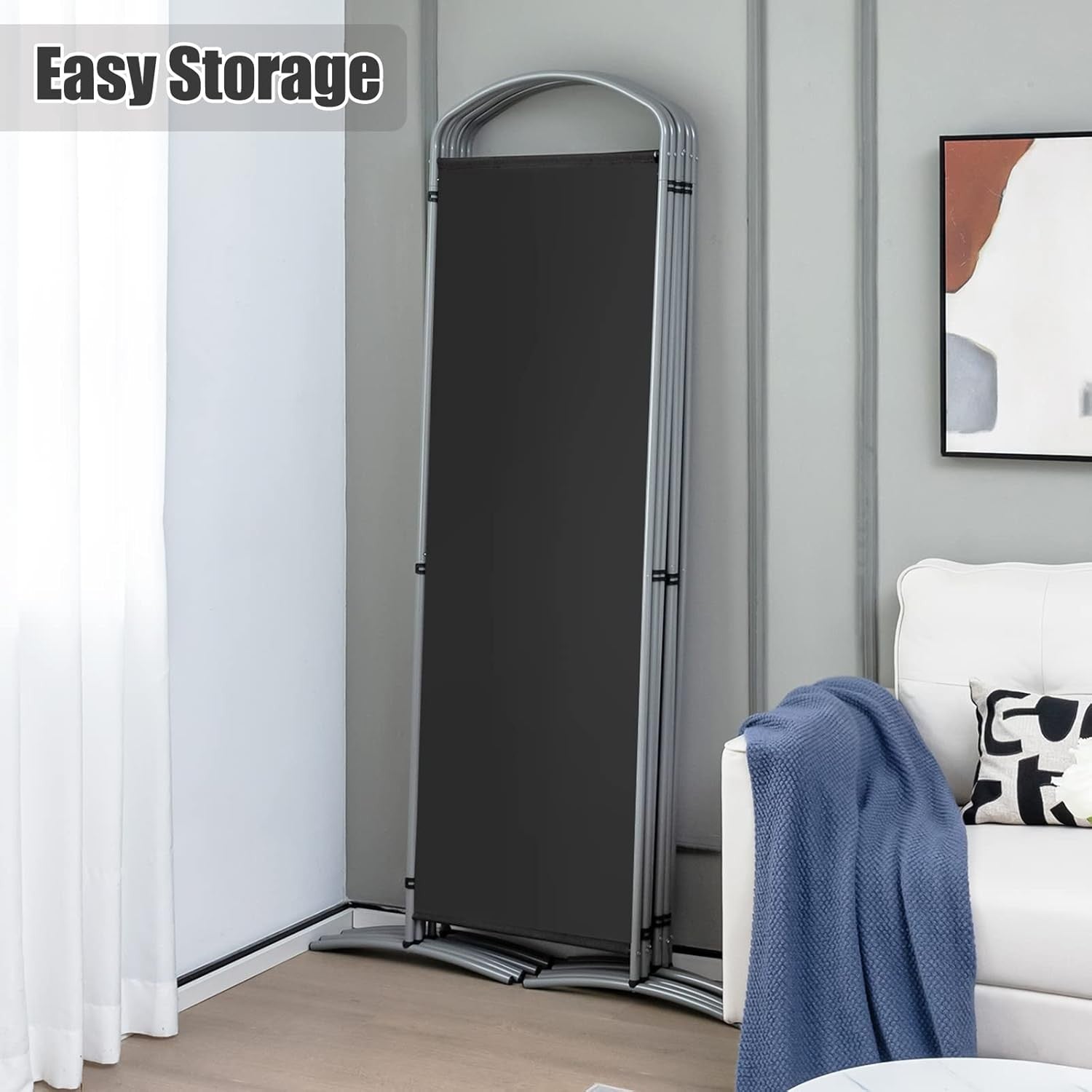 6 Panel Grey Folding Room Divider Privacy Screen for Bedroom Office 188cm High