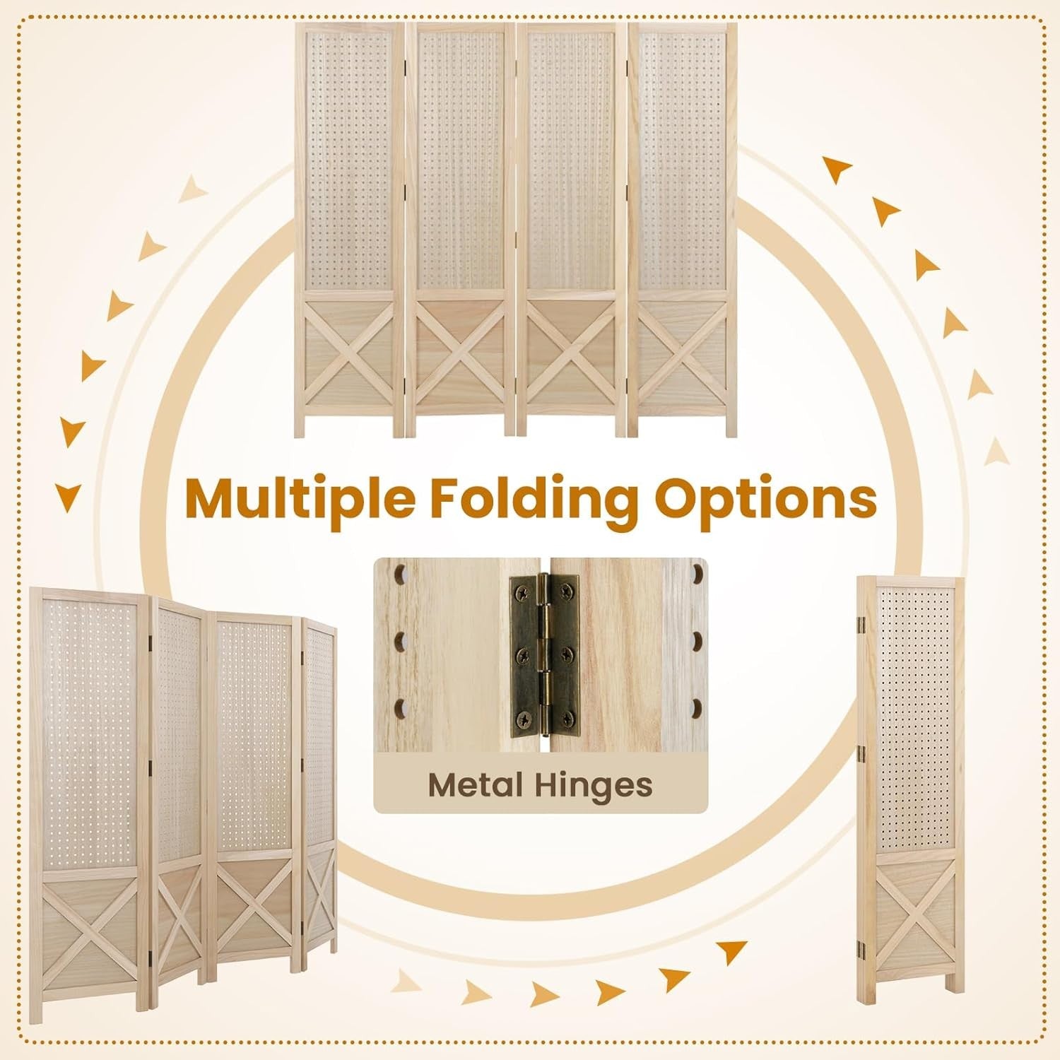 4 Panel Natural Wood Folding Room Divider with Pegboard Display for Home Office