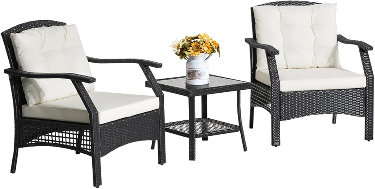 3pc Outdoor Rattan Garden Chairs Set with Cushioned Seating & Glass Table
