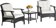 3pc Outdoor Rattan Garden Chairs Set with Cushioned Seating & Glass Table