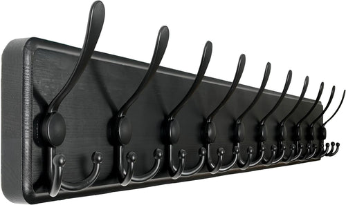 Wall Mounted Coat Rack 10 Hooks | Rustic Black Wood Hallway Hanger