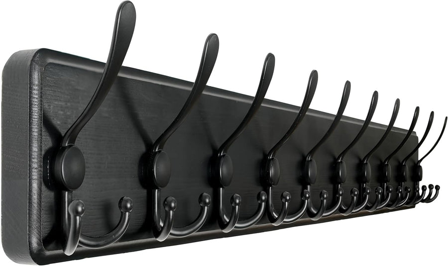 Wall Mounted Coat Rack 10 Hooks | Rustic Black Wood Hallway Hanger