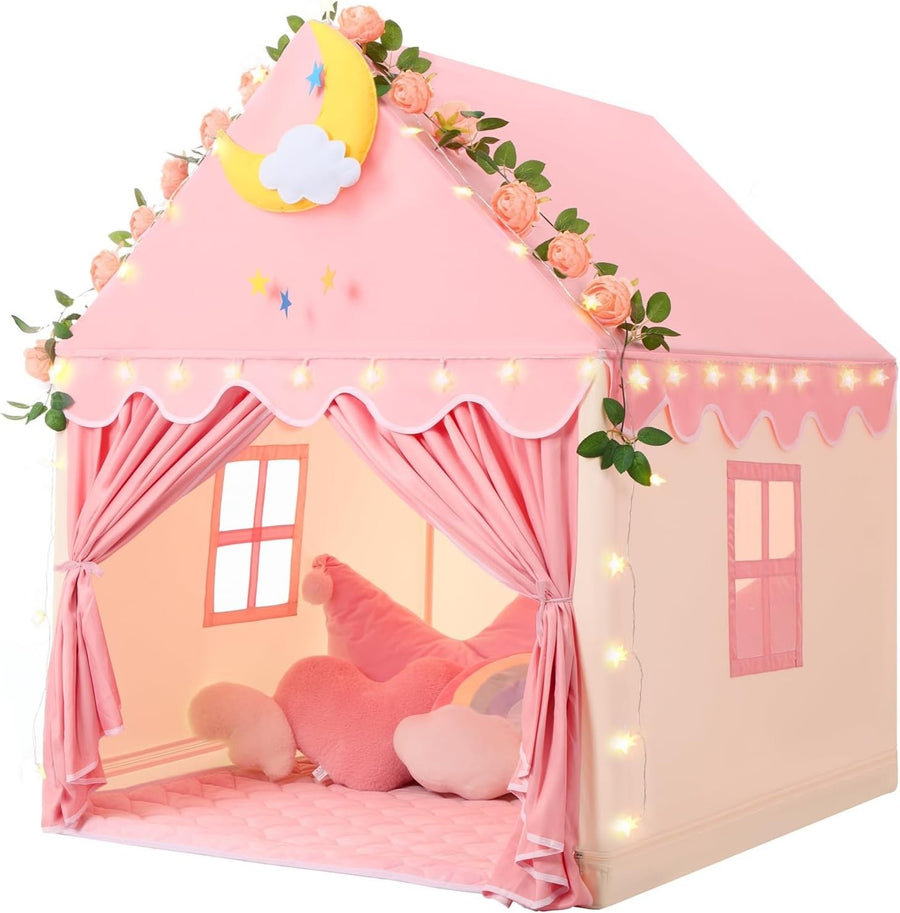 Kids Princess Play Tent with Lights Indoor Playhouse Pink Yellow