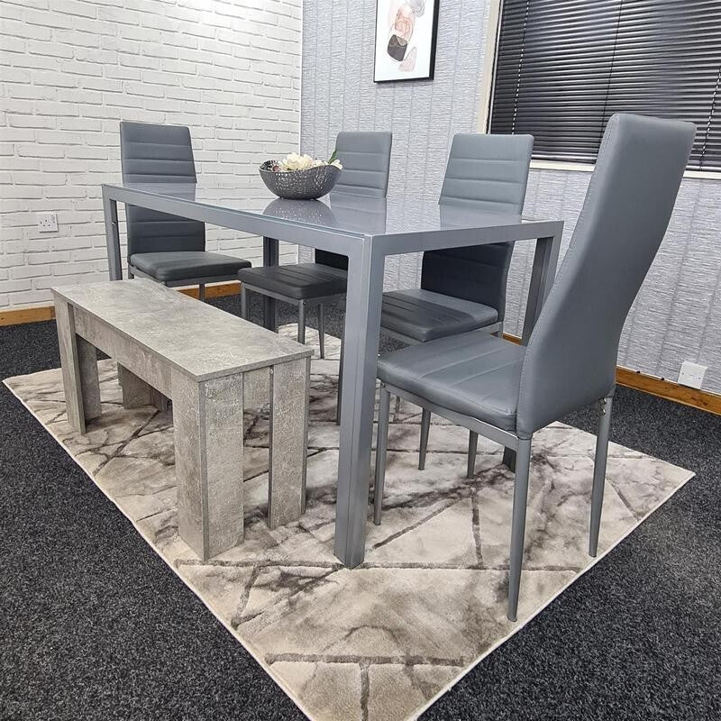 Grey Glass Dining Table Set 6 Seater with 4 Chairs & Bench for Kitchen