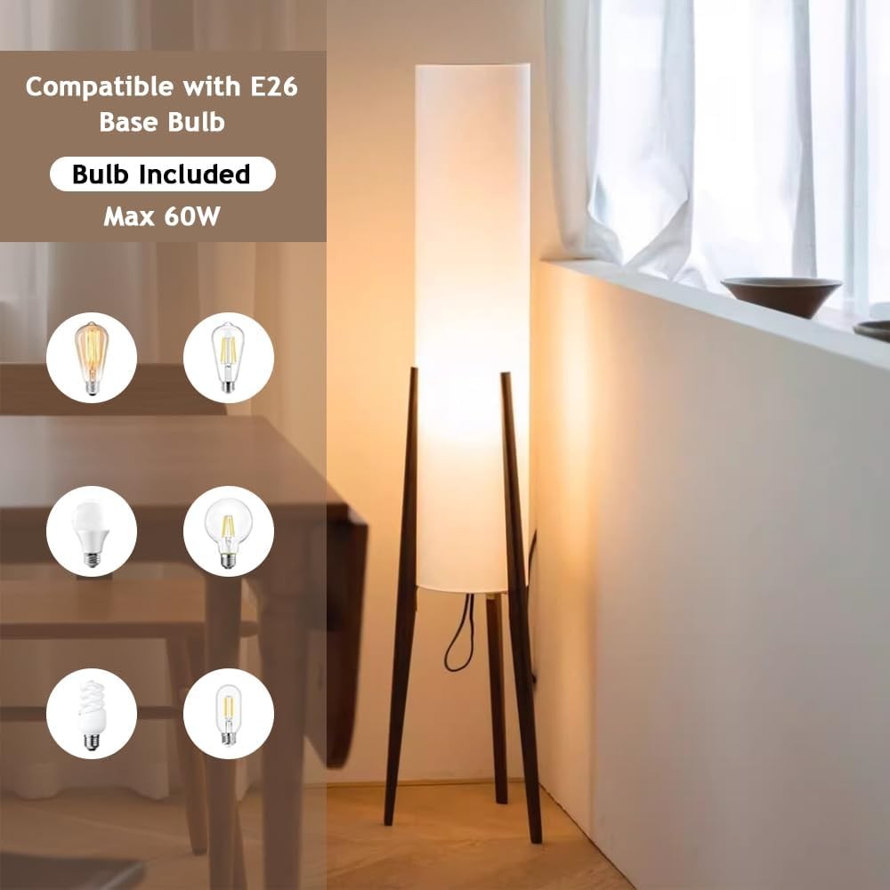 Wabi Sabi Wooden Tripod Floor Lamp Linen Shade Dimmable 50 Inch Tall Light