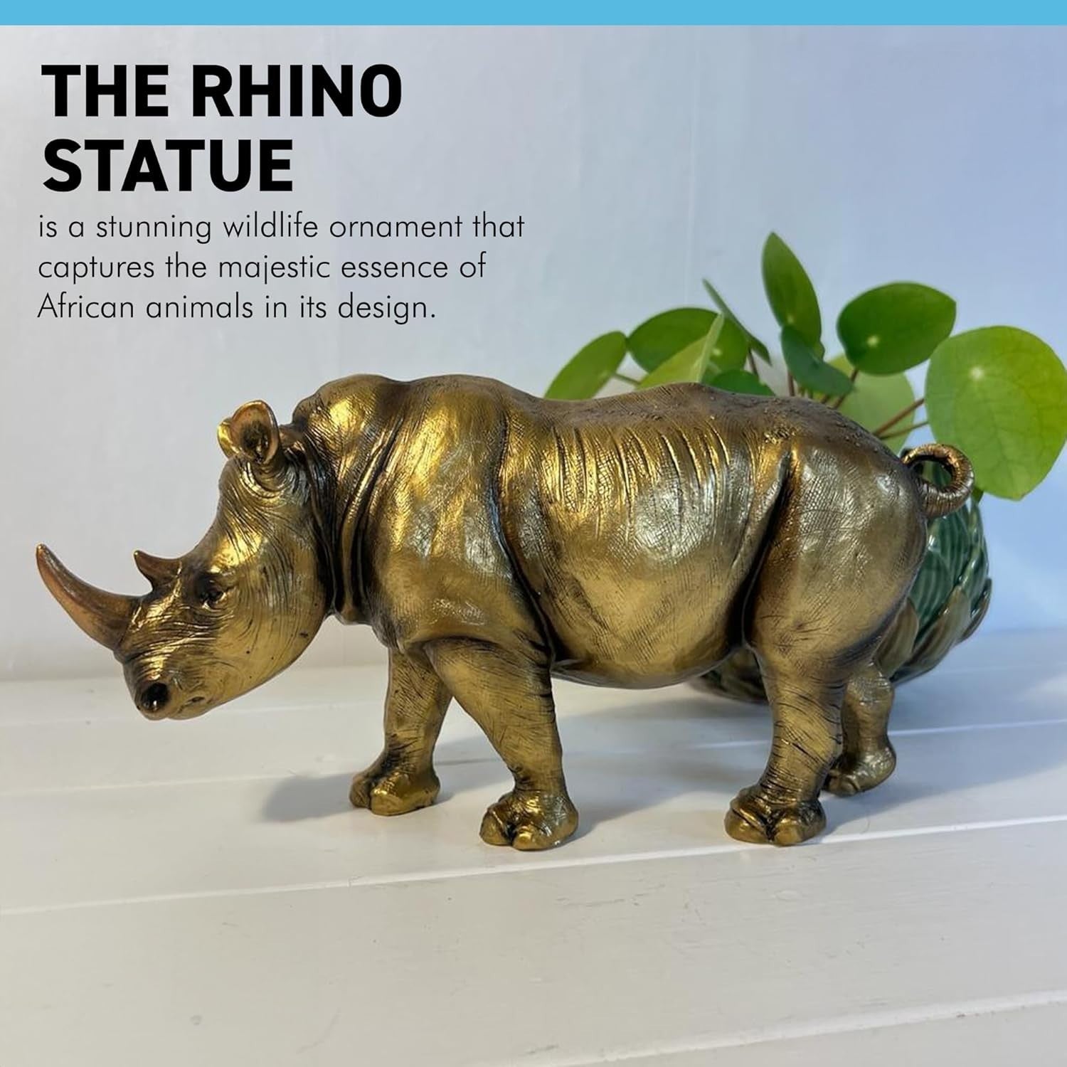 Antique Gold Rhino Ornament | Wildlife Resin Statue 26cm | Luxury Home Decor