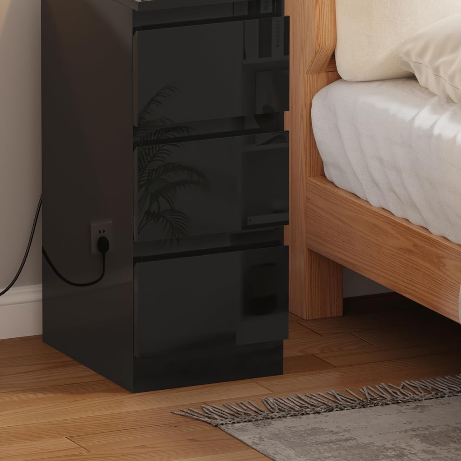 Black Bedside Table with USB Charging Ports, Slim 3-Drawer Narrow Nightstand