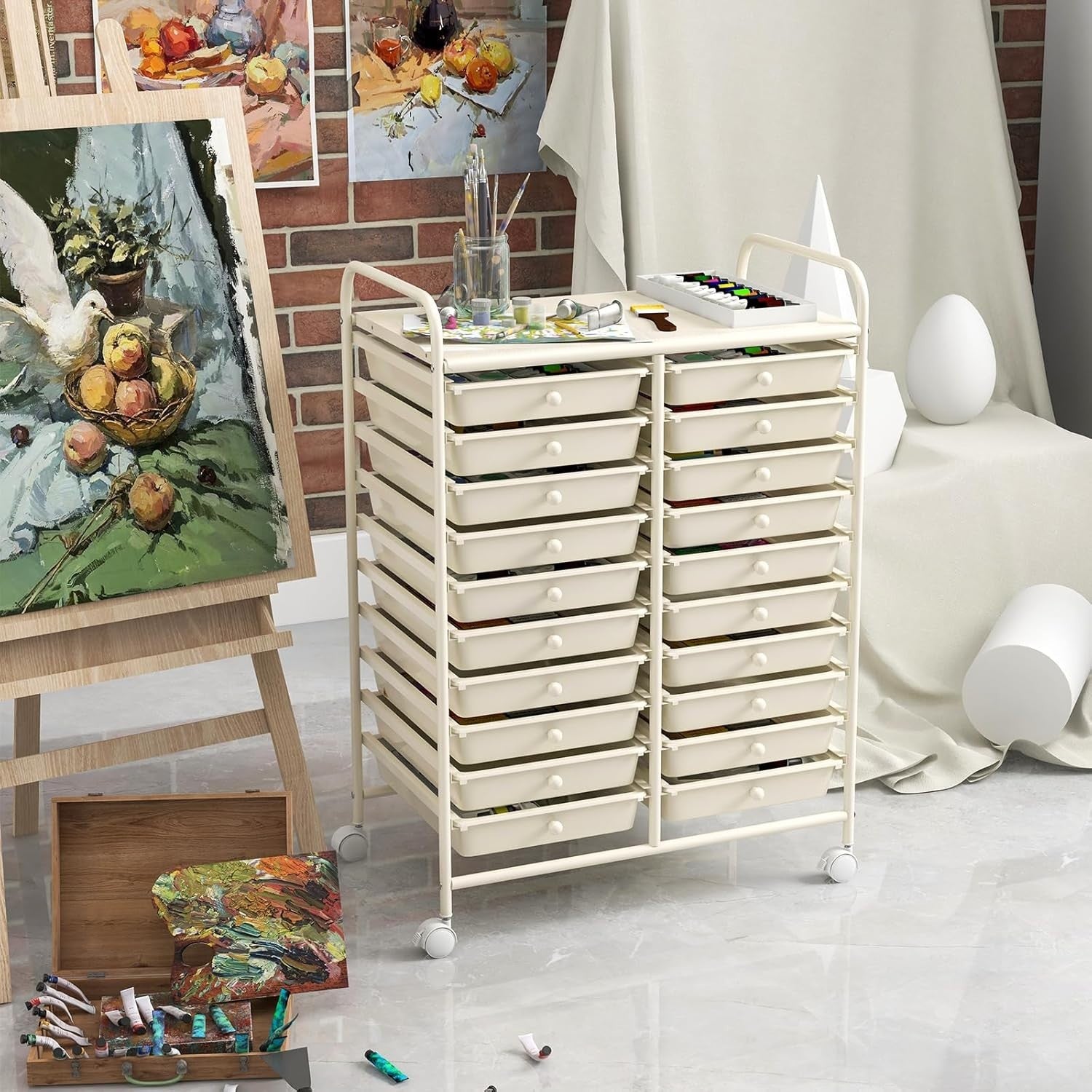 White 20 Drawer Rolling Storage Trolley Utility Cart Office Organizer