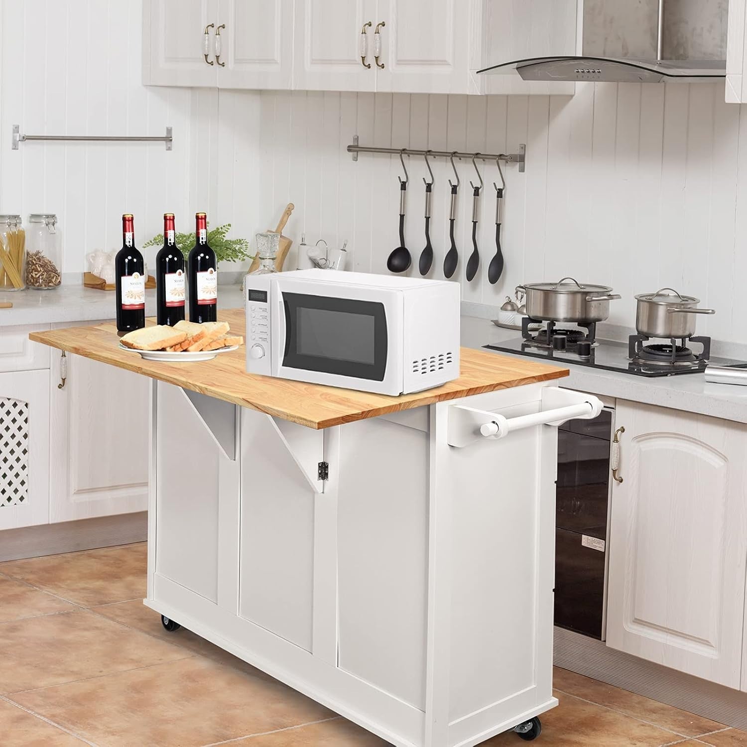 111cm White Kitchen Island Cart Extendable 3 Drawers