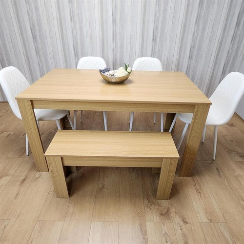 Oak Dining Table Set with 4 White Faux Leather Chairs & Bench, 6 Seater