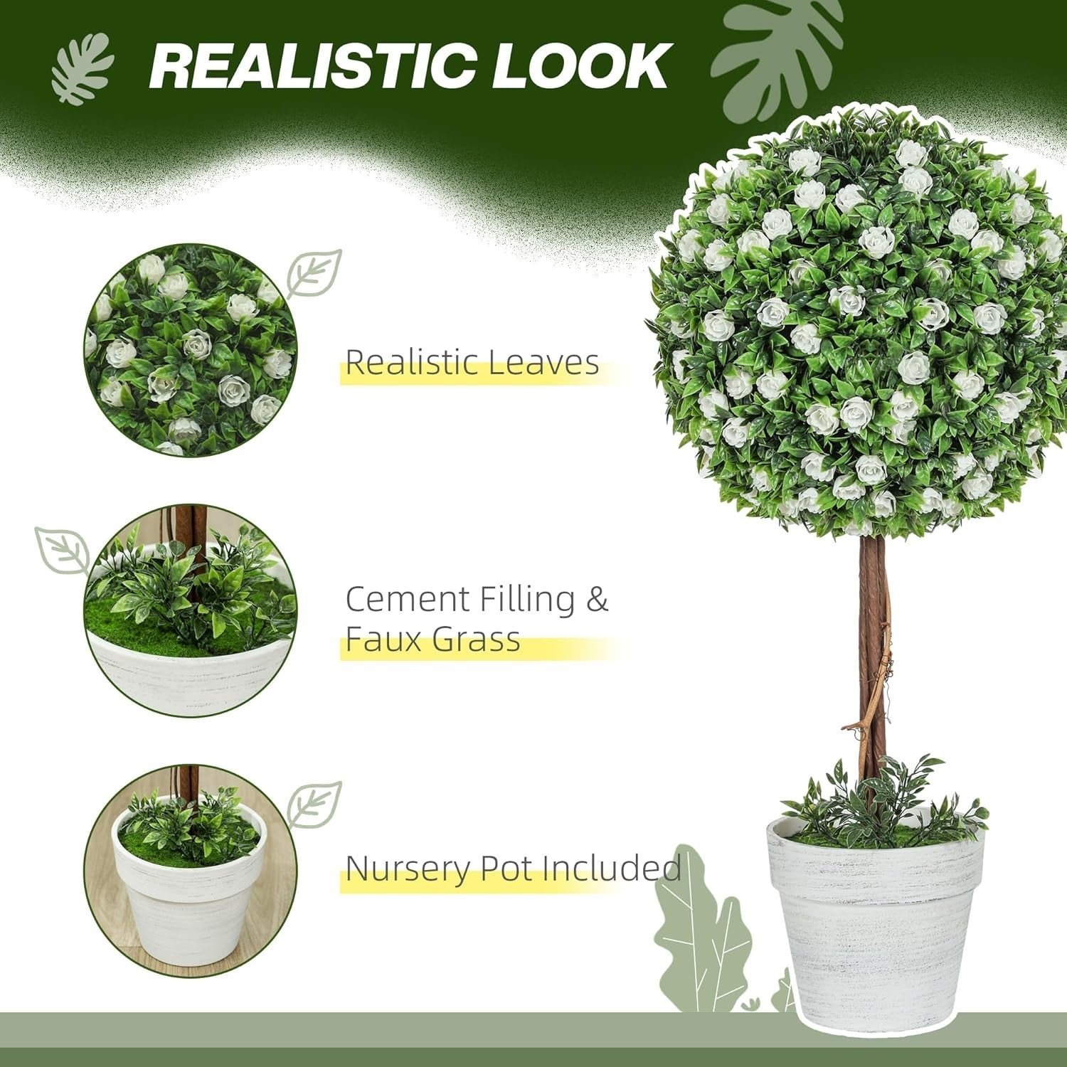 60cm Artificial Rose Ball Topiary Trees Set of 2 in White Pot Home Garden Decor