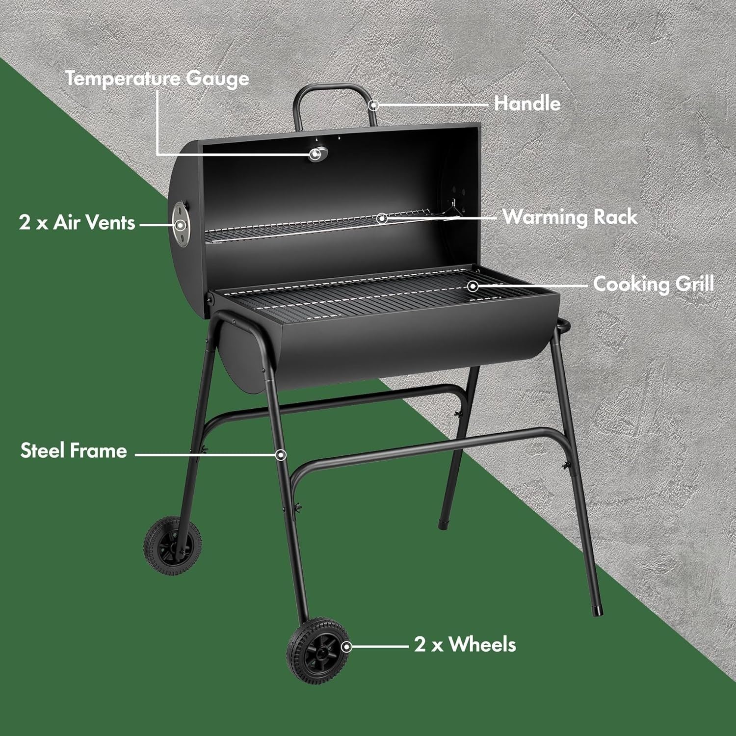 Portable Charcoal BBQ Grill with Smoker | Large Barrel Drum Grill | Warming Rack