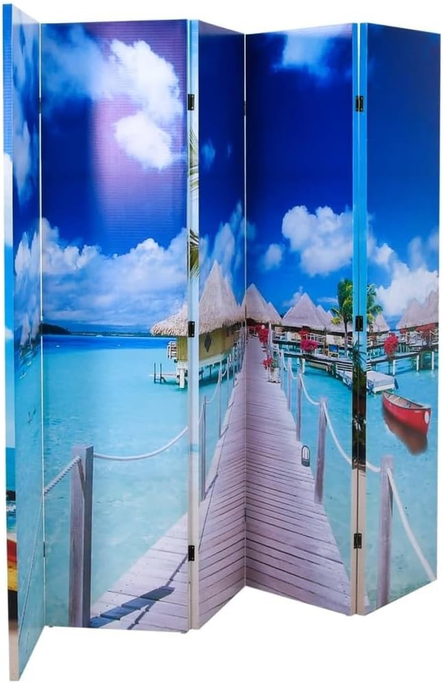 Beach Print Folding Room Divider 200x170cm Double-Sided Privacy Screen