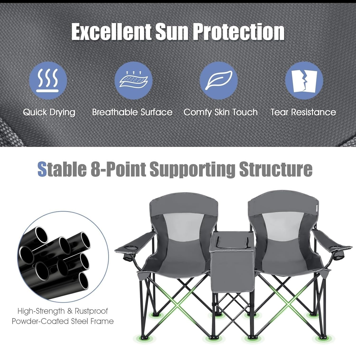 Grey 2 Seat Folding Camping Chair w/ Canopy, Cooler Bag, Cup Holders, Case