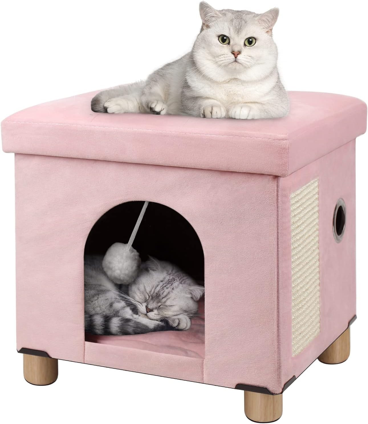 Foldable Cat House Cube Cave w Scratching Board Cushion & Ball Pink