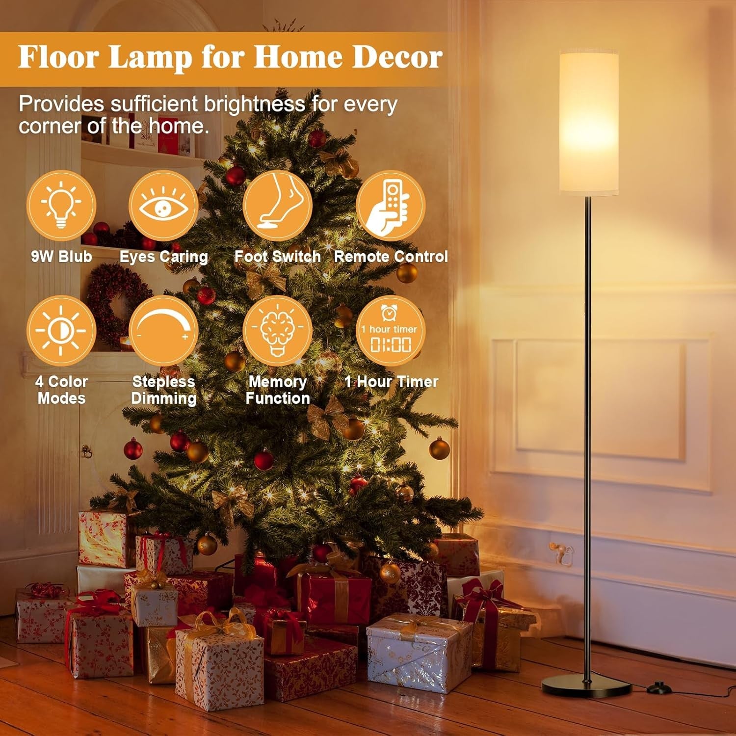 Grey Corner Floor Lamp Remote Control Dimmable Standing Light Living Room