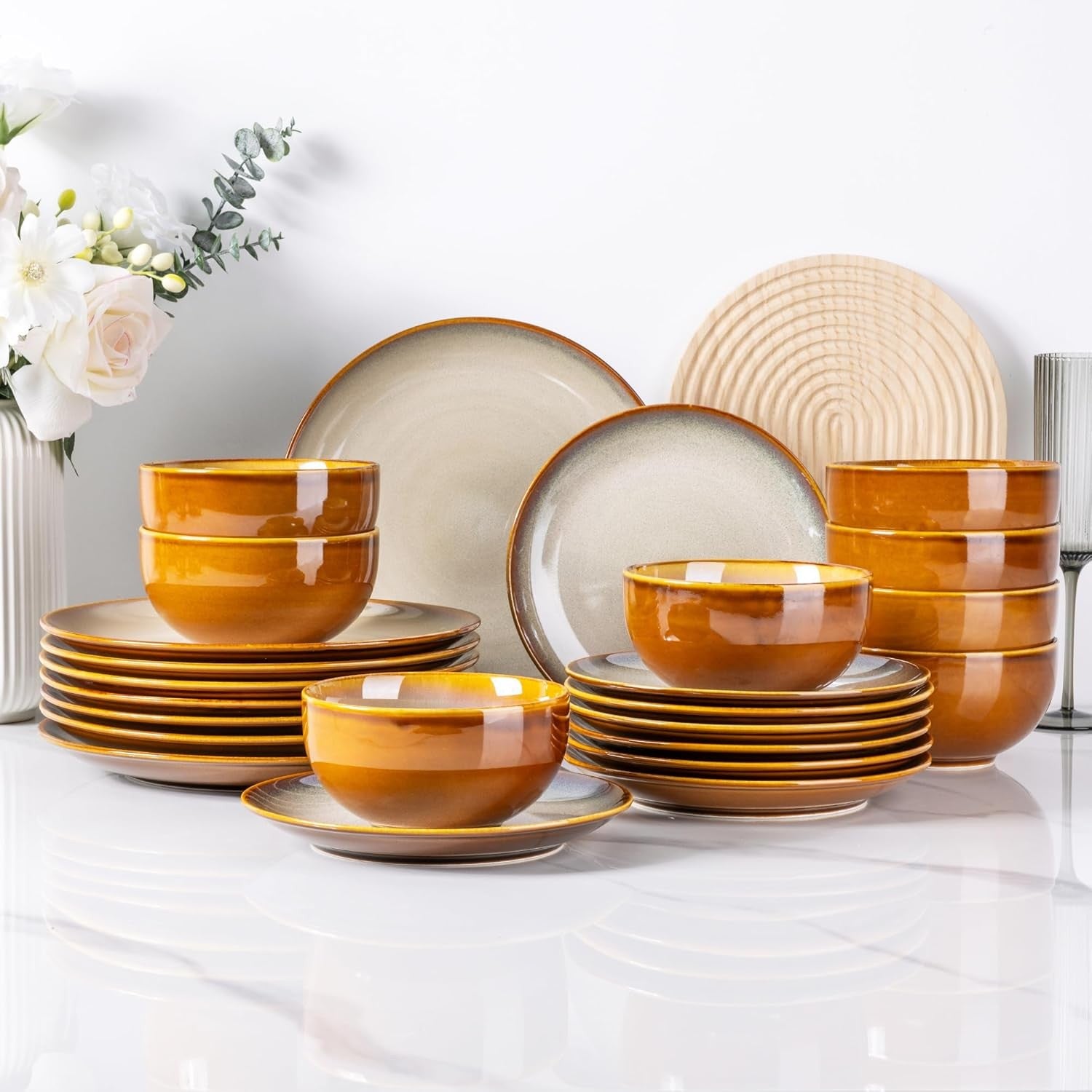 18 Piece Stoneware Dinner Set for 6 Cappuccino Reactive Glaze Plates Bowls