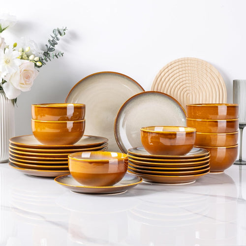 18 Piece Stoneware Dinner Set for 6 Cappuccino Reactive Glaze Plates Bowls