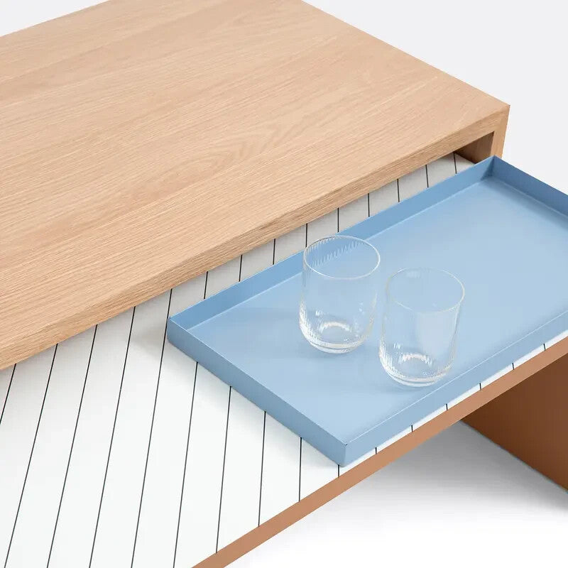 Modern Nesting Coffee Tables Set Oak & Glass Duo with Tray 110x50x42.5cm