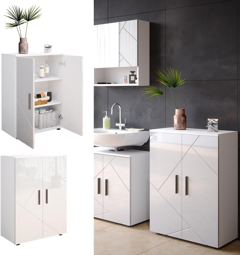 Lockable High-Gloss White Cabinet with 2 Doors, Easy-Clean & Durable, 60x81x30 c