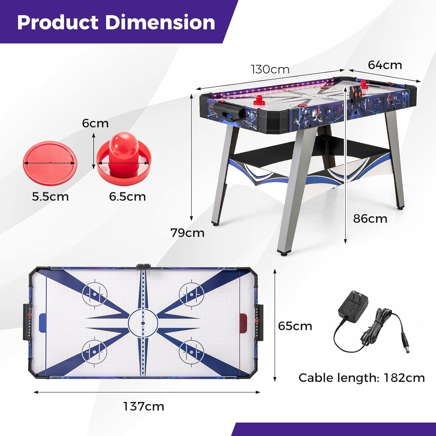 54 Inch Air Hockey Table LED Lights 12V Motor Arcade Game Indoor