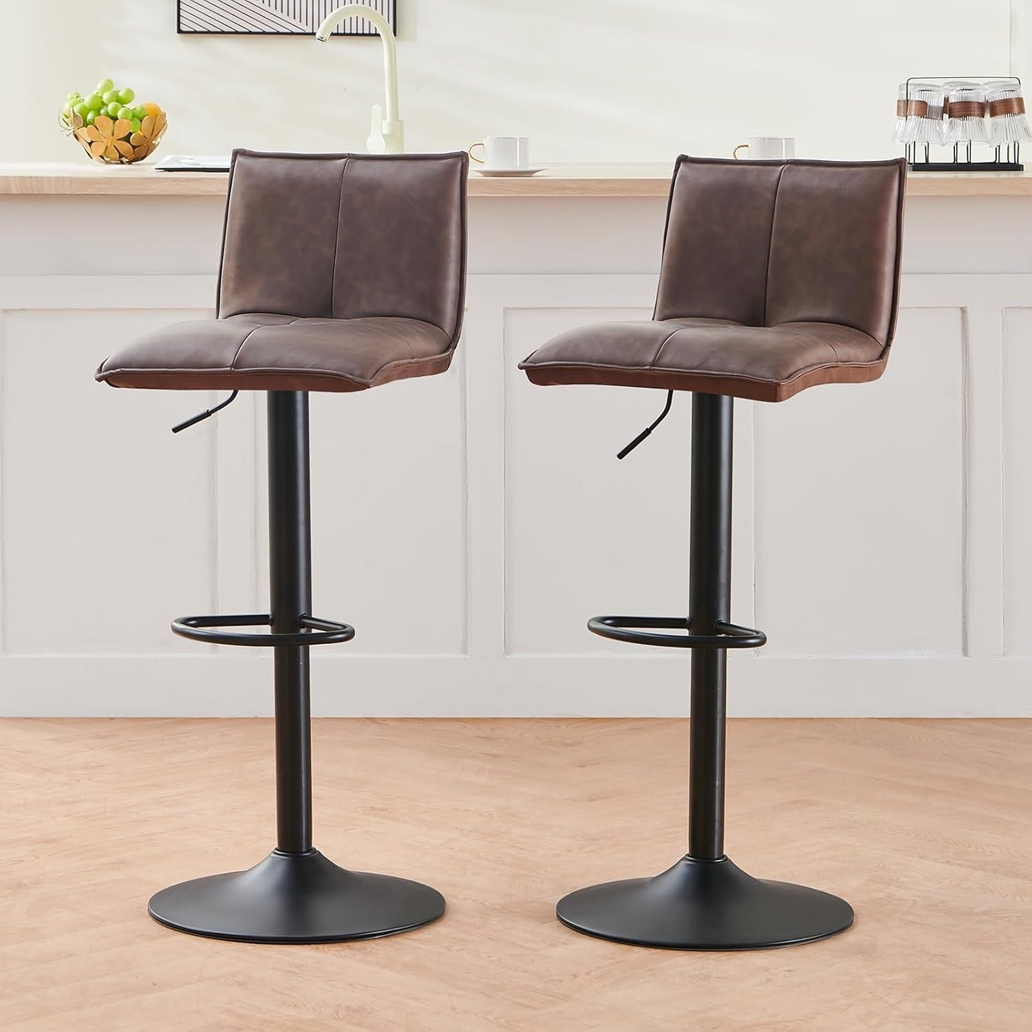 Pu Brown Faux Leather Bar Stool Set of 2 Adjustable Swivel Kitchen Chairs