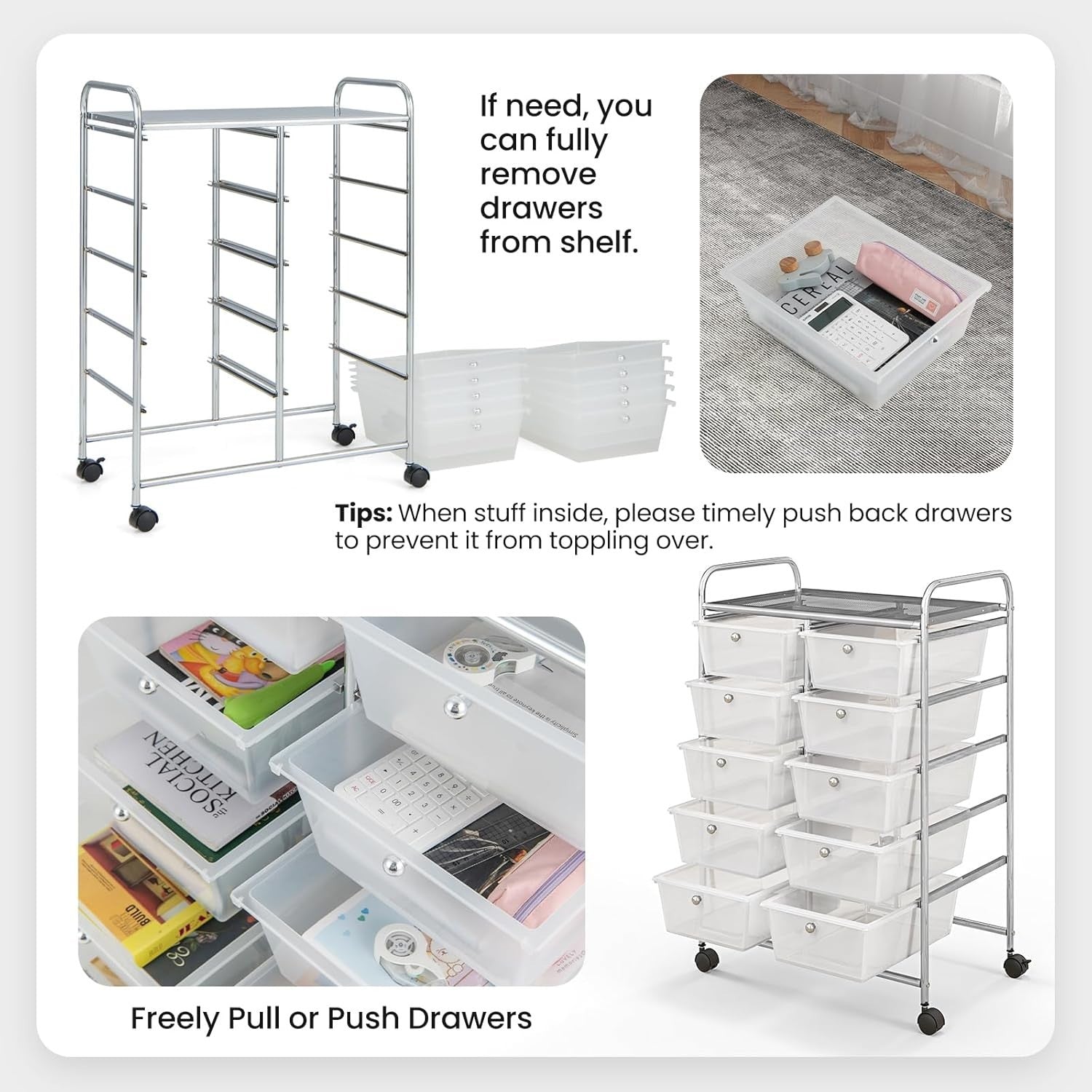 10 Drawer Rolling Storage Cart Utility Organizer Trolley Lockable Wheels