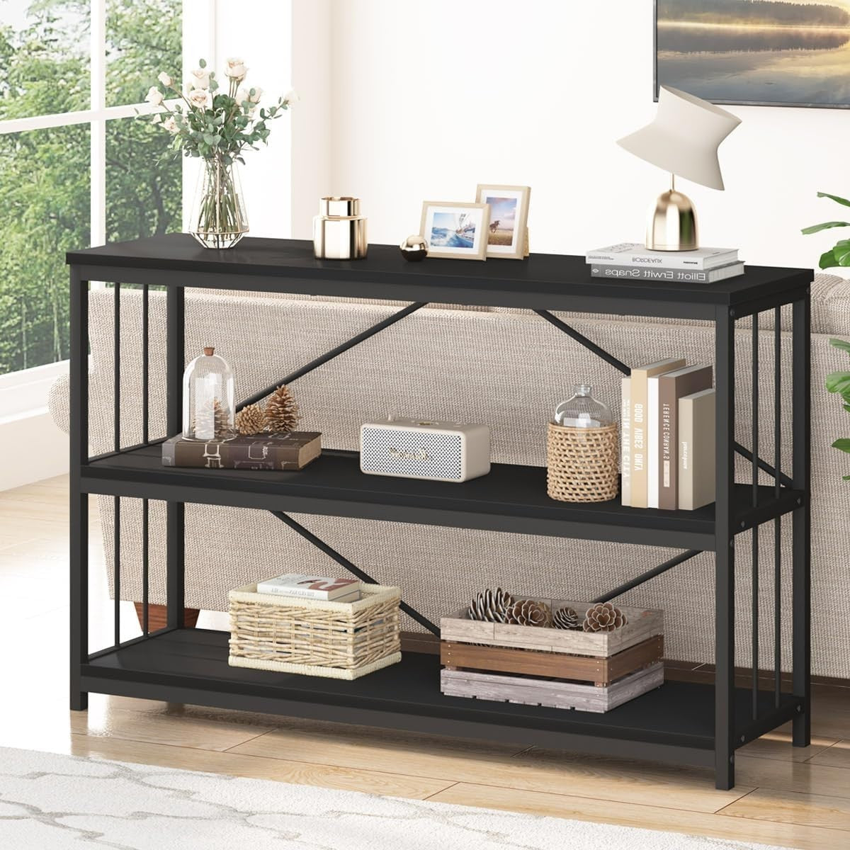 Modern Industrial 3-Tier Sofa Table with Storage Shelves, 120x34x74cm