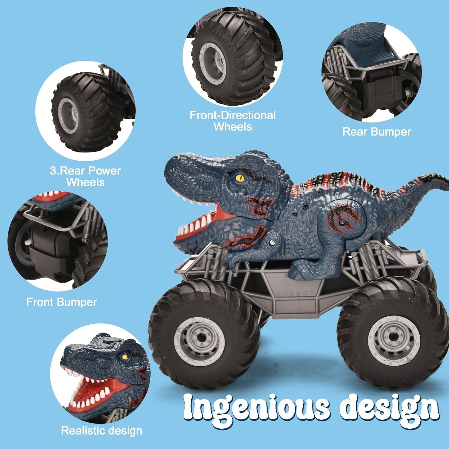 1:16 RC Dinosaur Monster Truck with LED Lights, Music & Spray Mist Toy