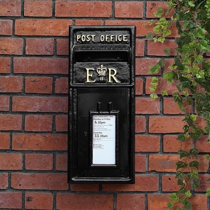 Lockable Cast Iron Wall Mount Mailbox – Secure Vintage ER Post Box Black 57cm