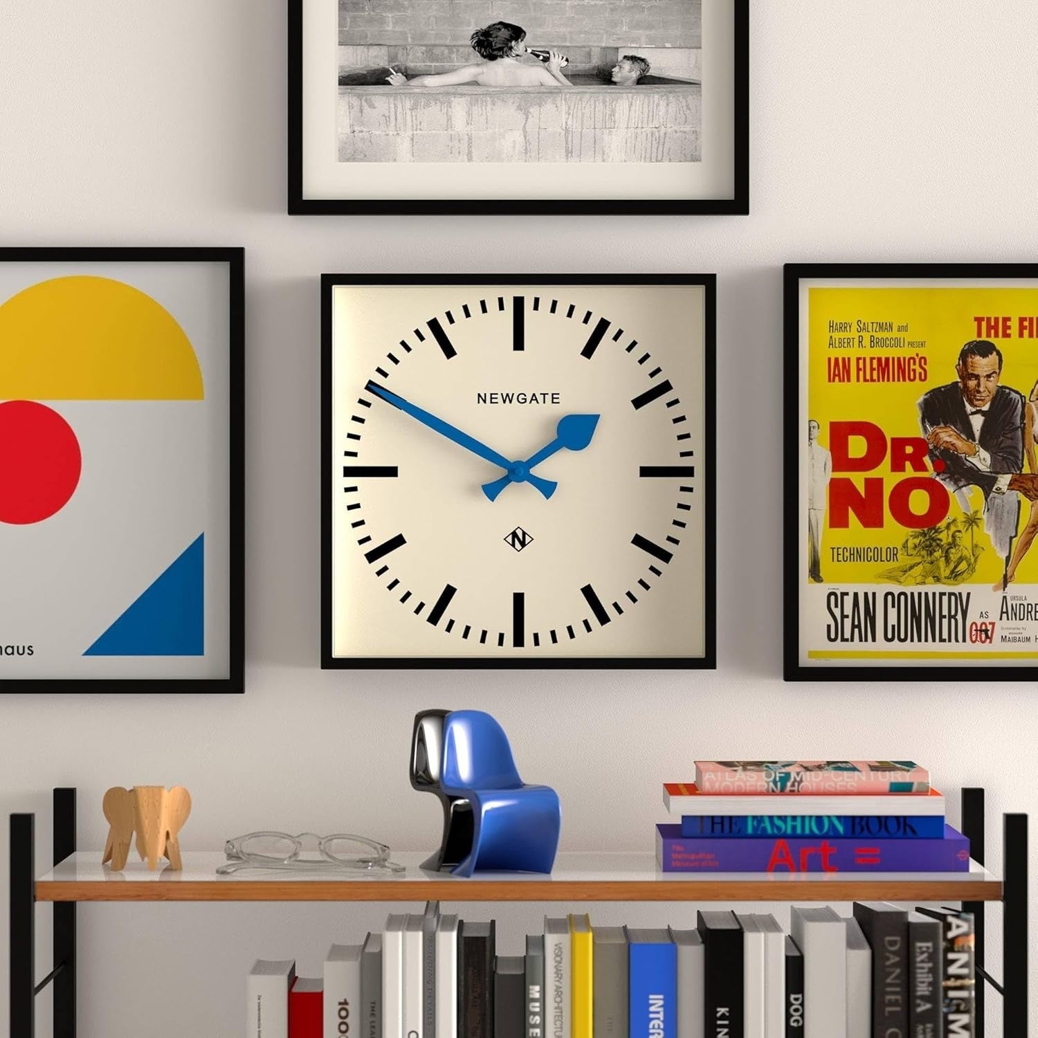 40cm Retro Square Wall Clock Silent Black Frame Blue Hands for Kitchen Office