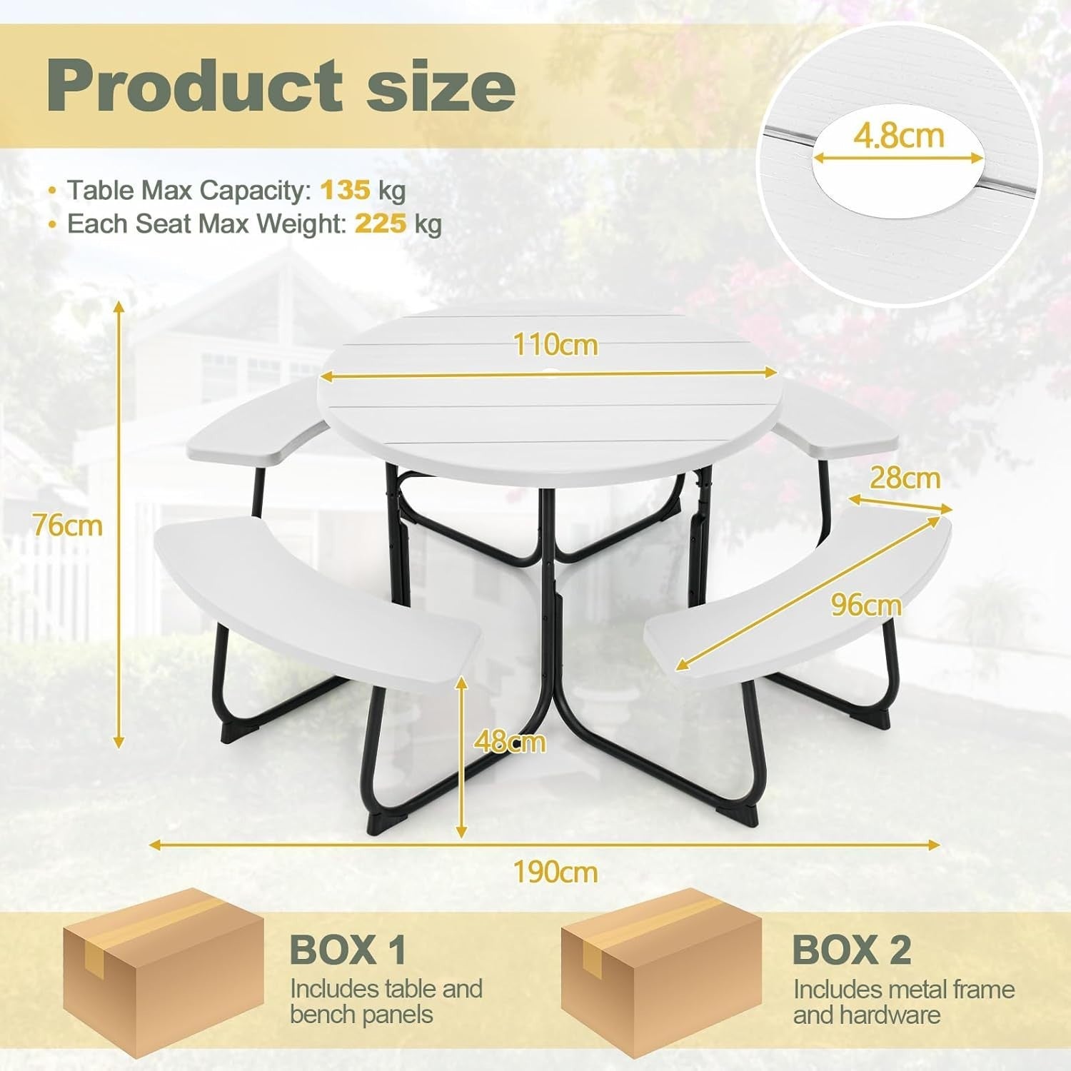 8 Seater Round Picnic Table & Bench Outdoor Dining Set with Umbrella Hole