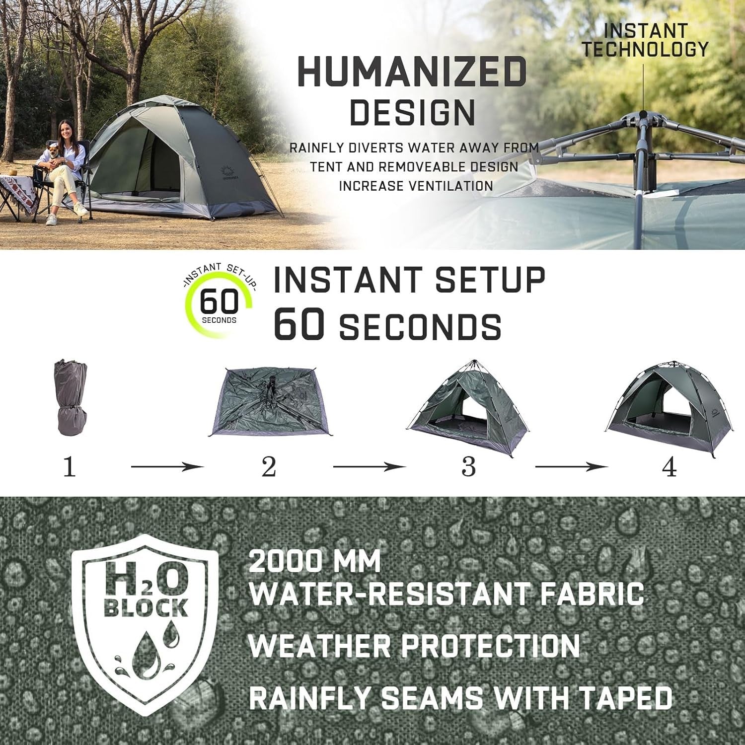 2 Man Pop Up Camping Tent Waterproof Double Layer with Carry Bag
