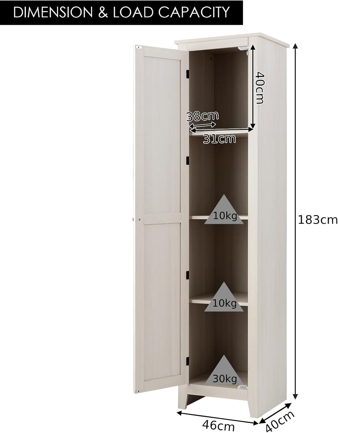 Tall Bathroom Storage Cabinet 4 Shelves, Narrow Wooden Cupboard 46x40x183cm