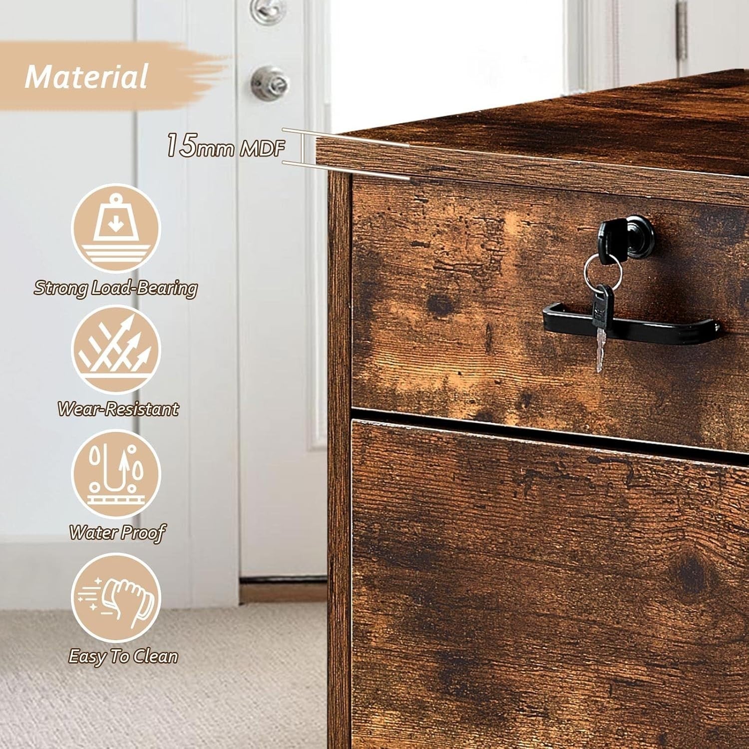 Brown Locking Rolling File Cabinet 1 Drawer 1 Door Under Desk Storage