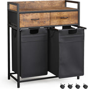 2 Section Laundry Hamper with Drawers 100L Sorter Wheels Rustic Brown Black