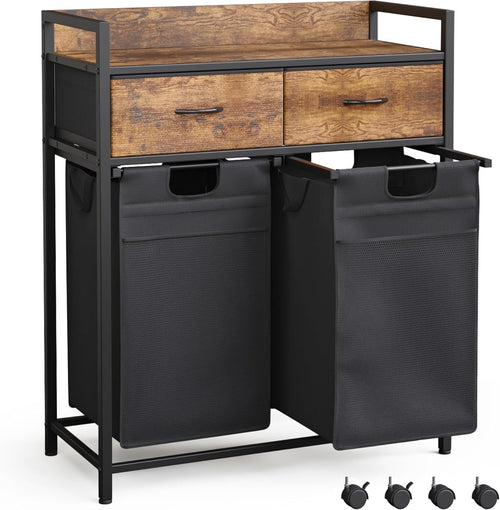 2 Section Laundry Hamper with Drawers 100L Sorter Wheels Rustic Brown Black