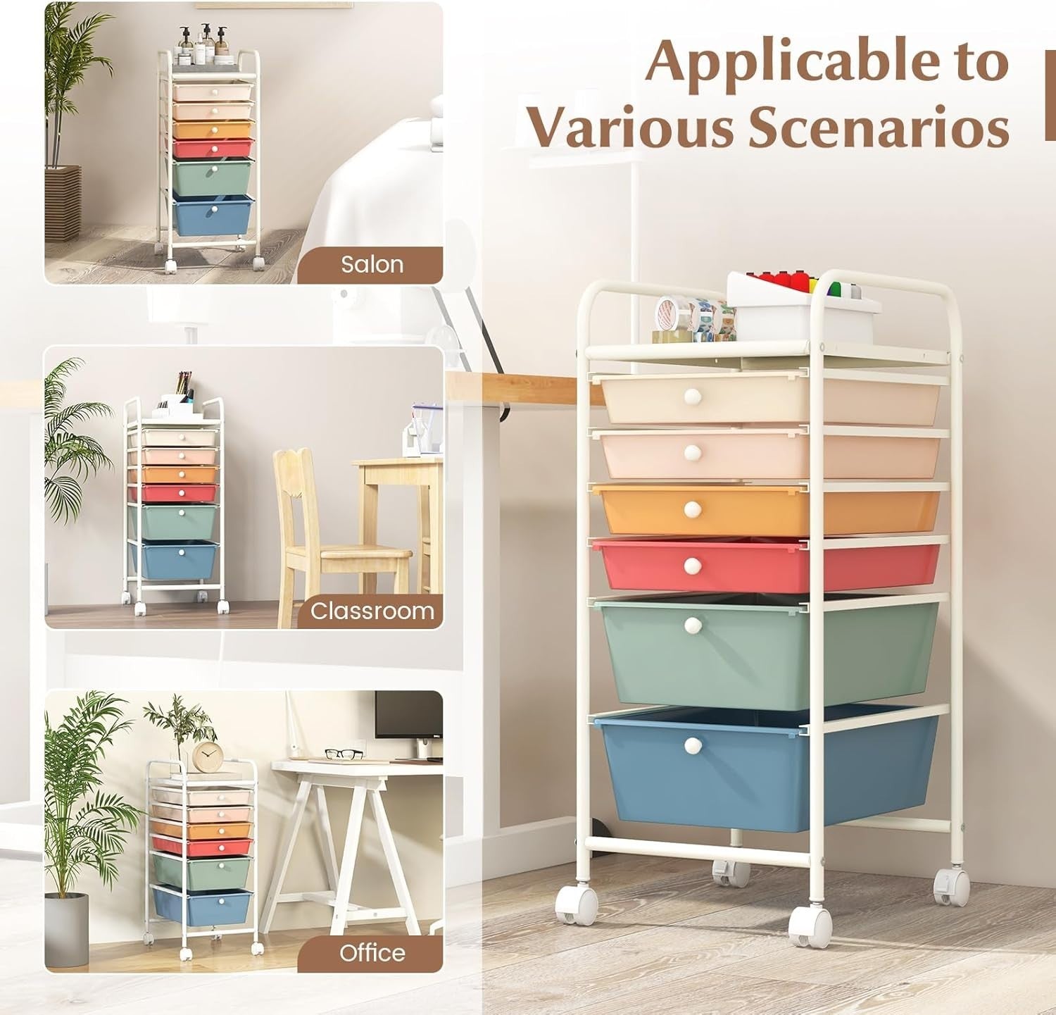 6 Drawer Colorful Rolling Storage Trolley Utility Cart with Wheels