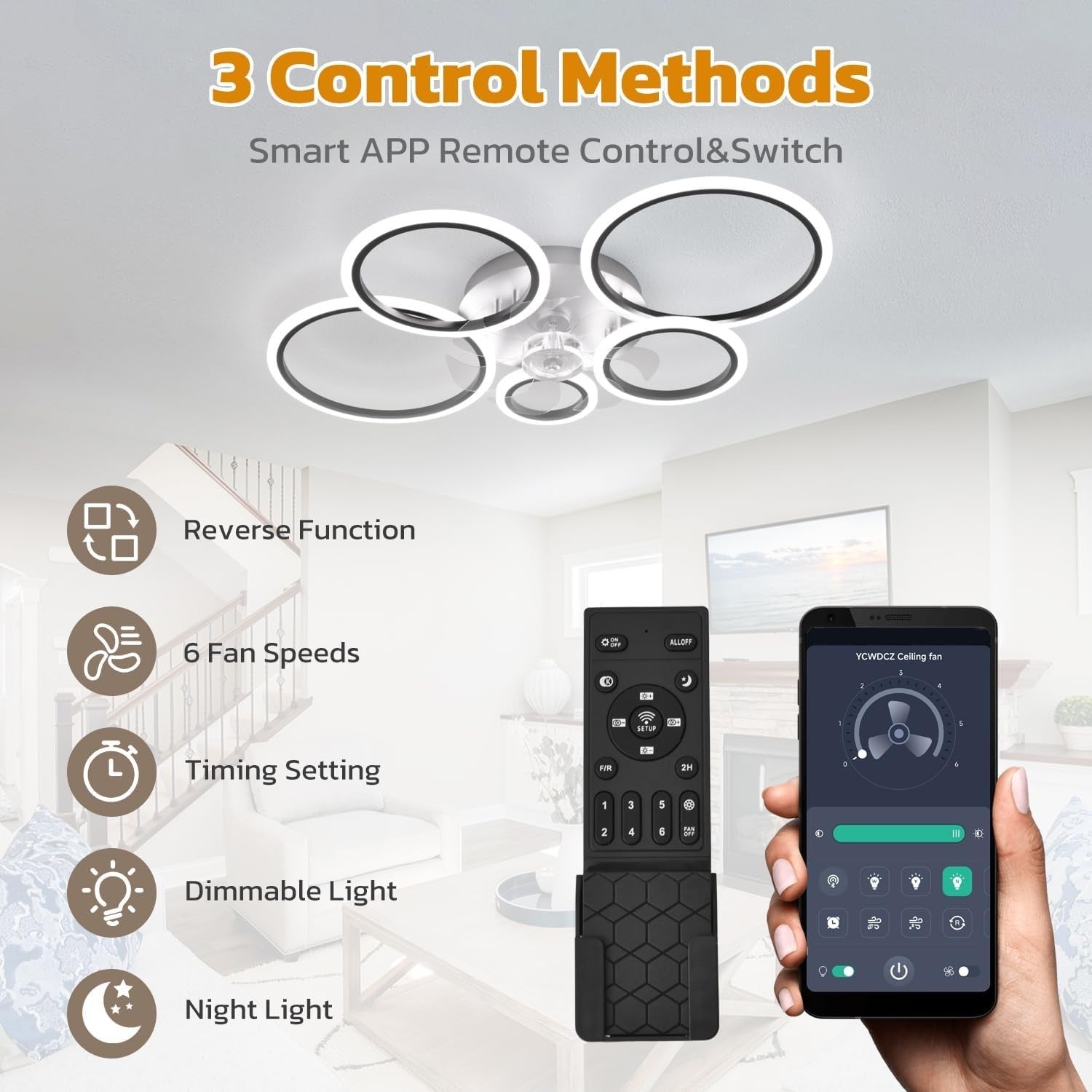 ycwdcz 100CM Smart Ceiling Fan with Light, Black, 6-Speed, Remote, LED