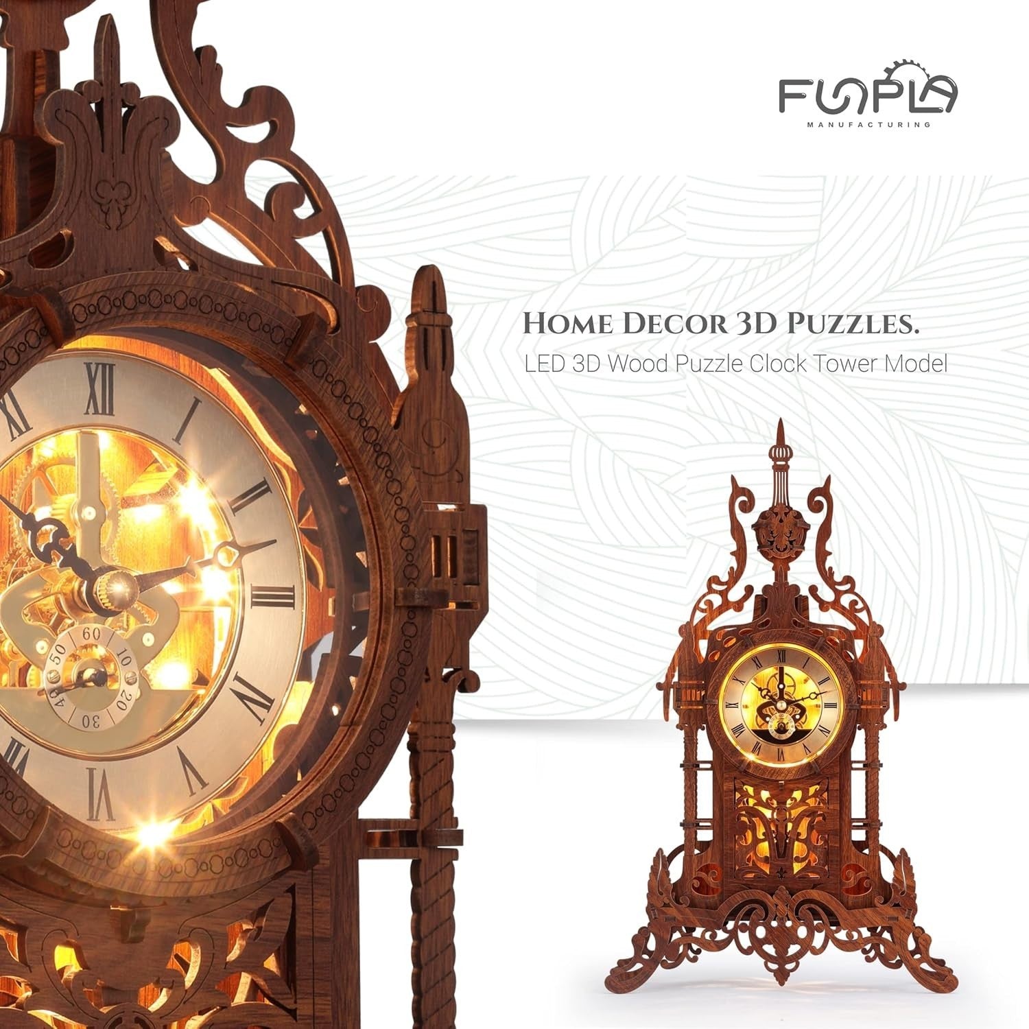 3D Wooden Tower Clock Puzzle with LED Light, DIY Home Decor Kit